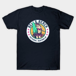 Retro Surfer Babe Badge Bells Beach Victoria, Australia T-Shirt